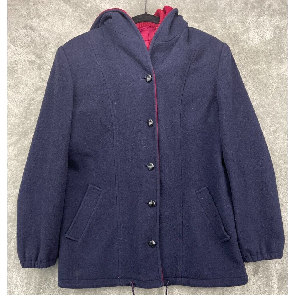 VTG Women's Authentic Mackintosh Vest Coat Hooded Size‎ 8 Navy/Red Wool USA